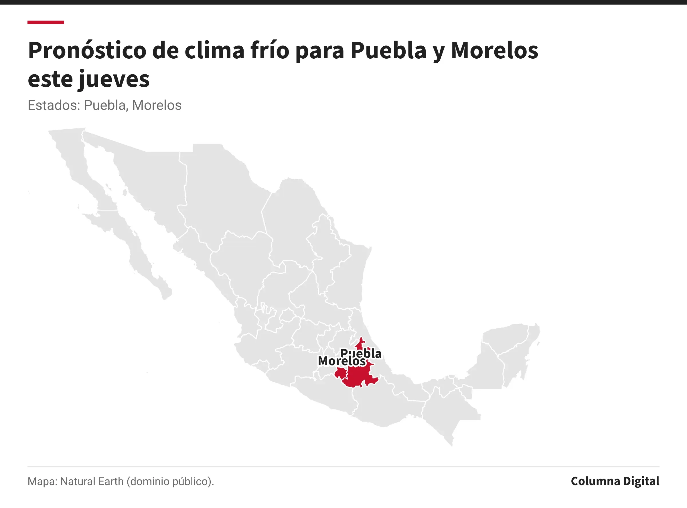Mapa de México con Puebla, Morelos resaltados.