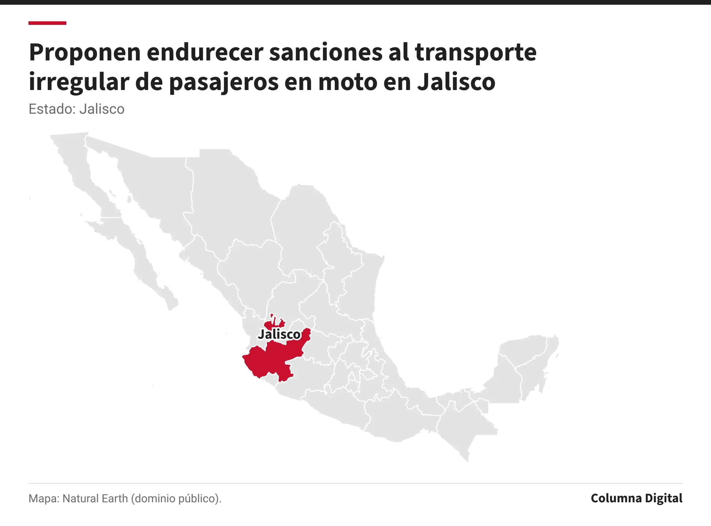 Mapa de México con Jalisco resaltado.