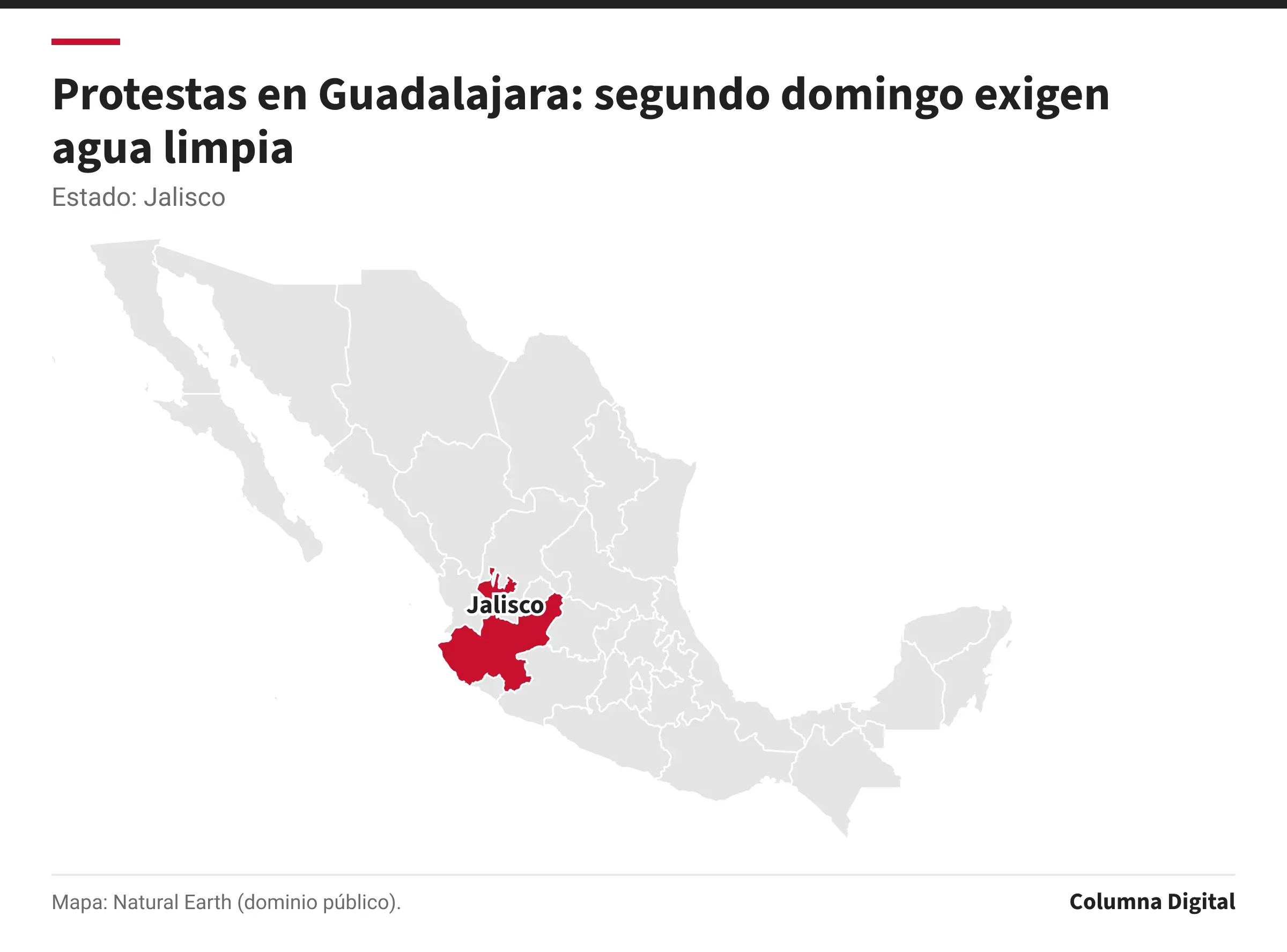 Mapa de México con Jalisco resaltado.