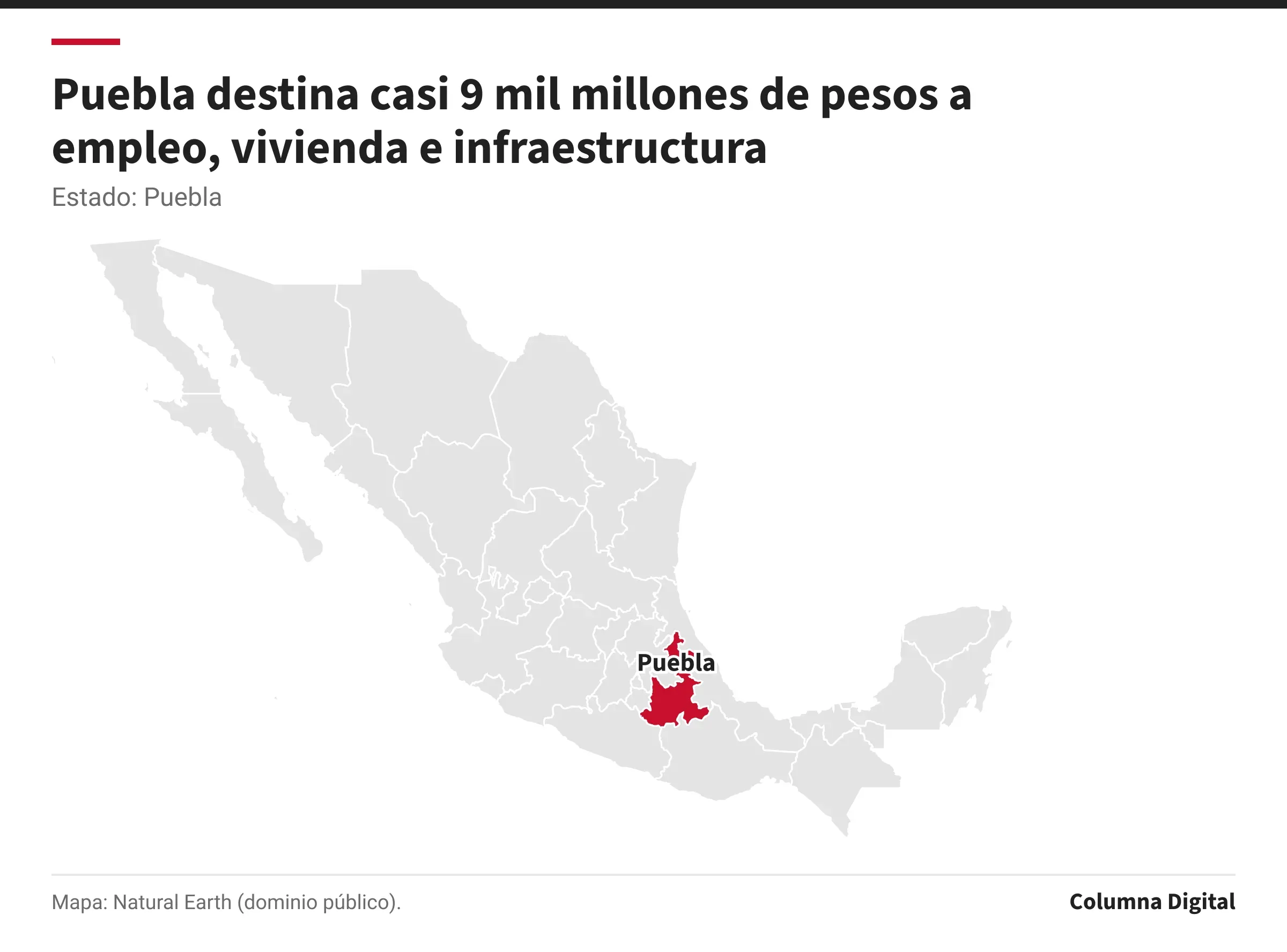 Mapa de México con Puebla resaltado.