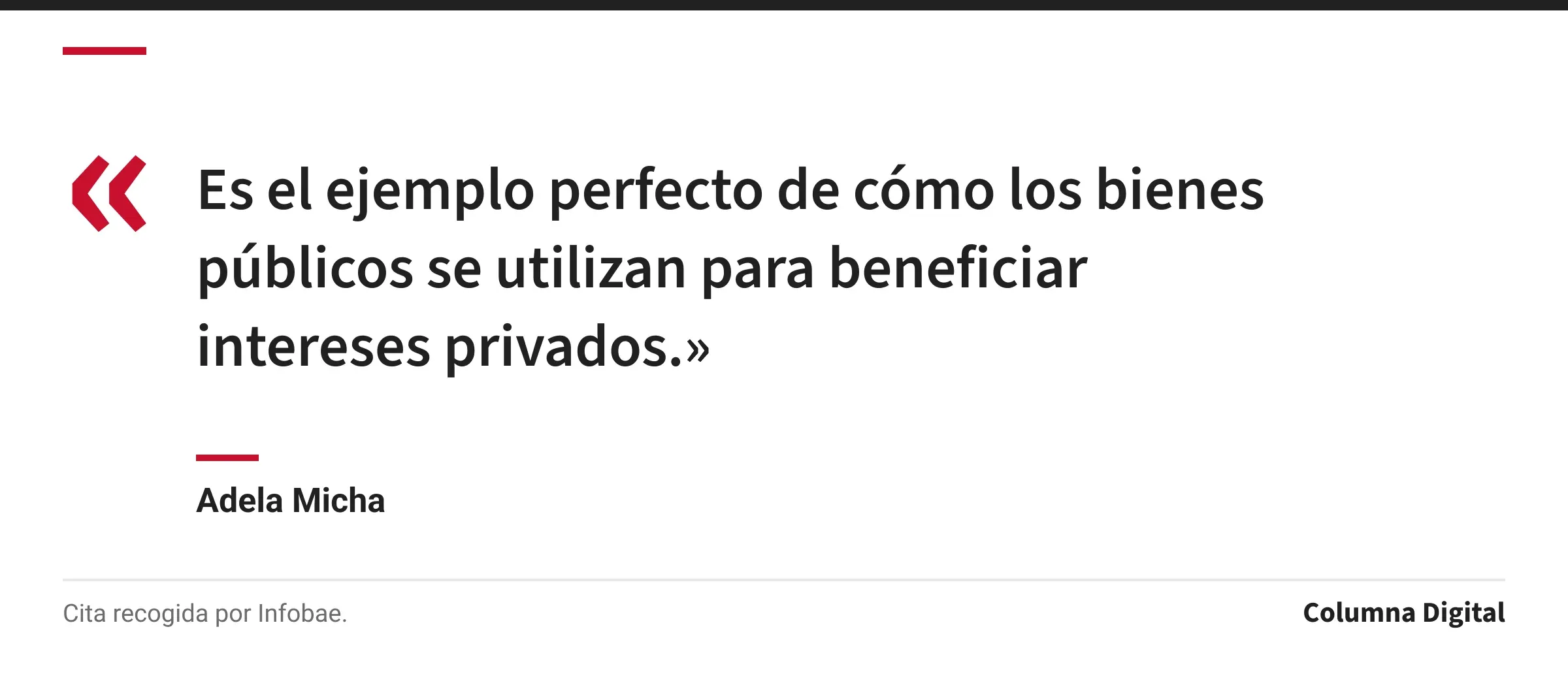 Cita de Adela Micha: «Es el ejemplo perfecto de cómo los bienes públicos se utilizan para beneficiar intereses privados.»