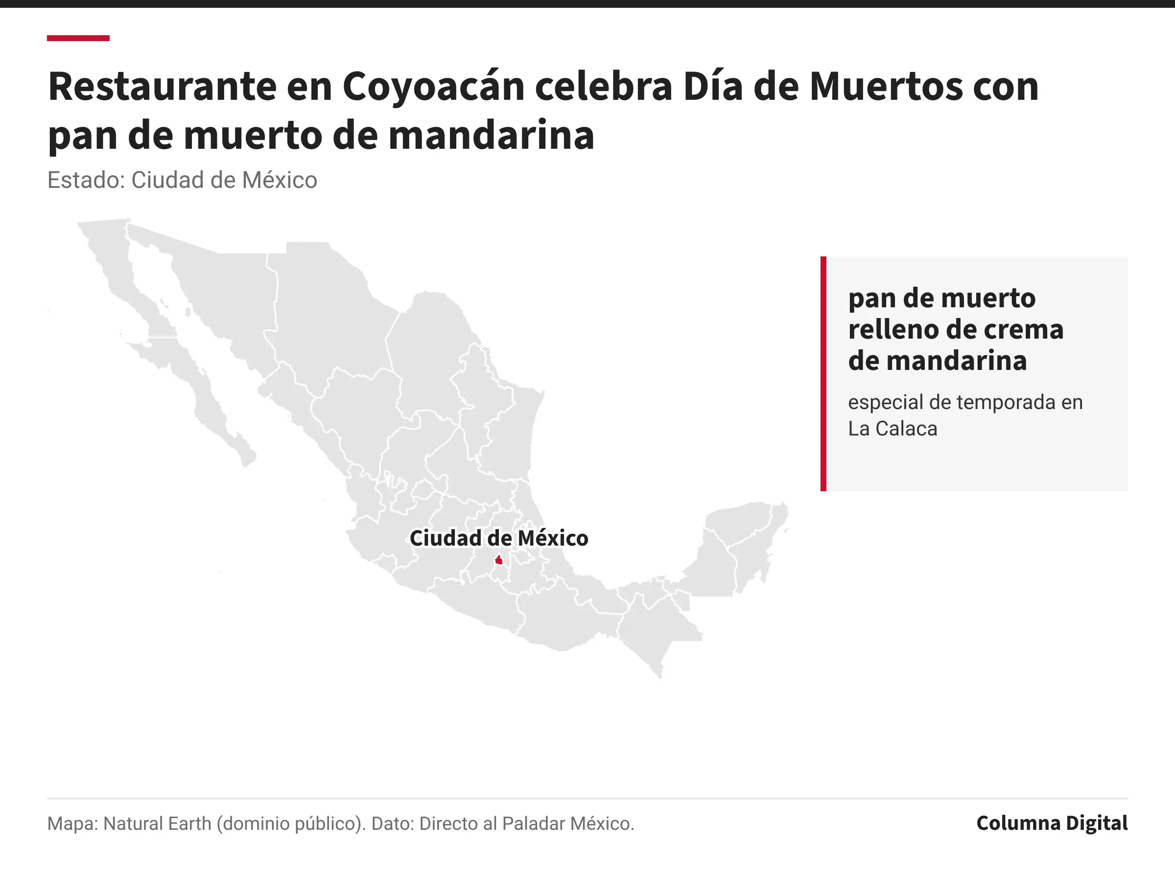 Mapa de México con Ciudad de México resaltado; pan de muerto relleno de crema de mandarina: especial de temporada en La Calaca.