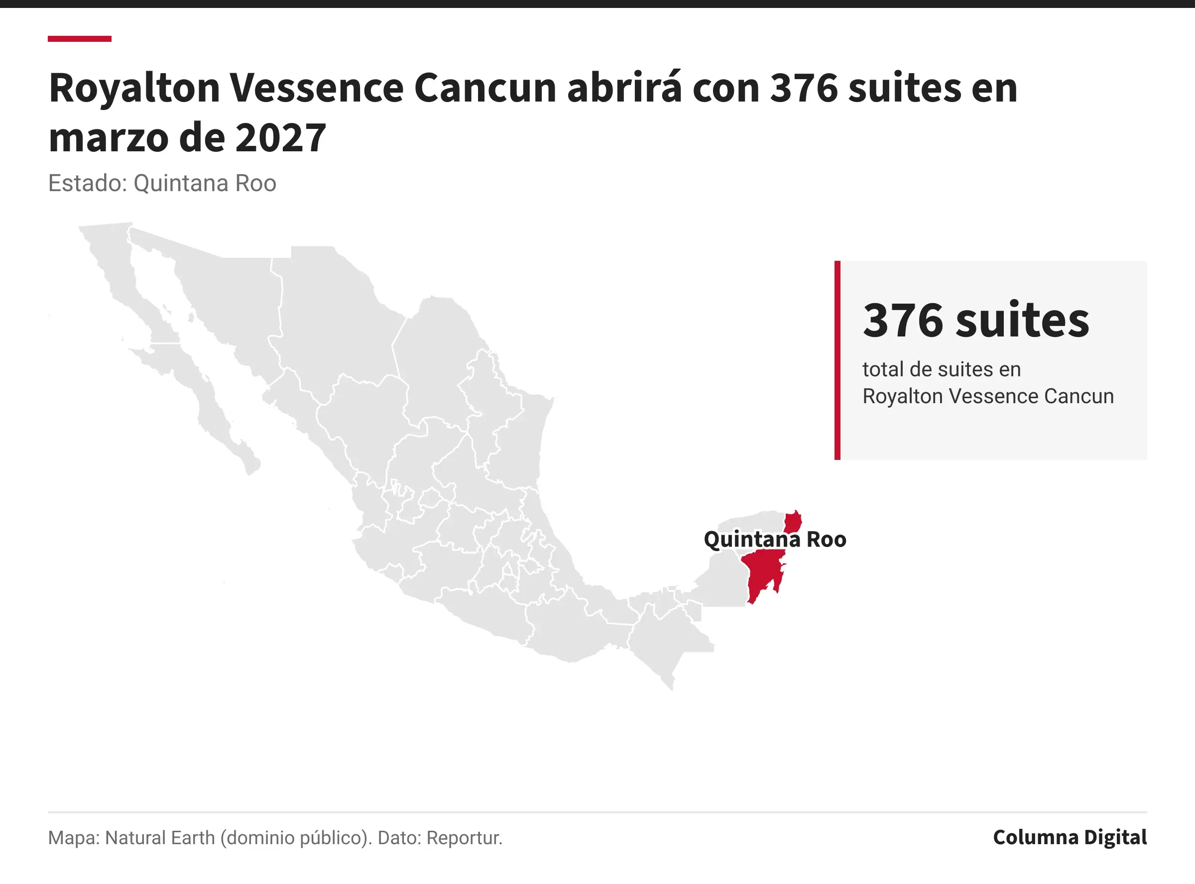 Mapa de México con Quintana Roo resaltado; 376 suites: total de suites en Royalton Vessence Cancun.