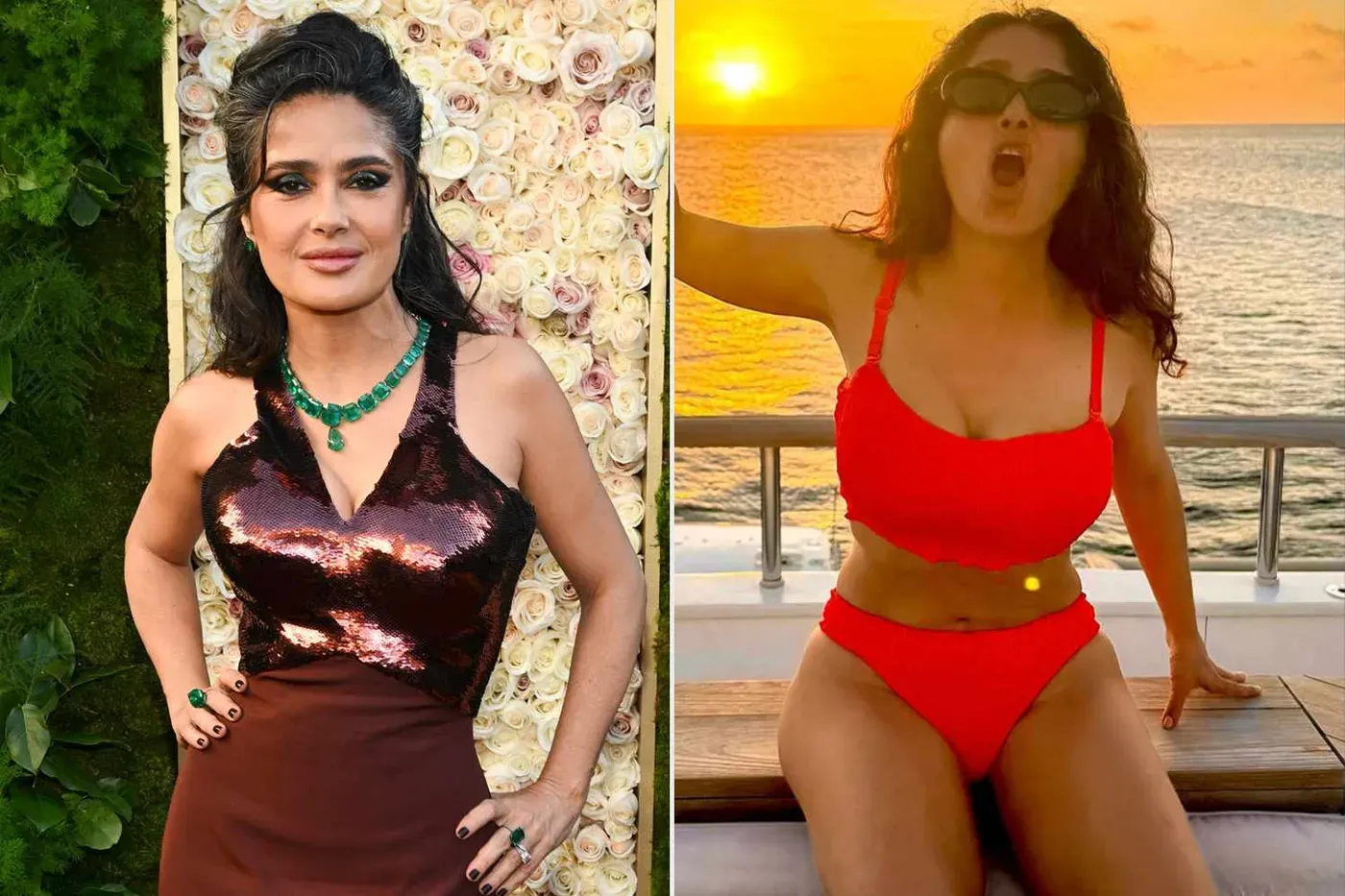 Salma Hayek Pinault celebra 59 años en bikini rojo.