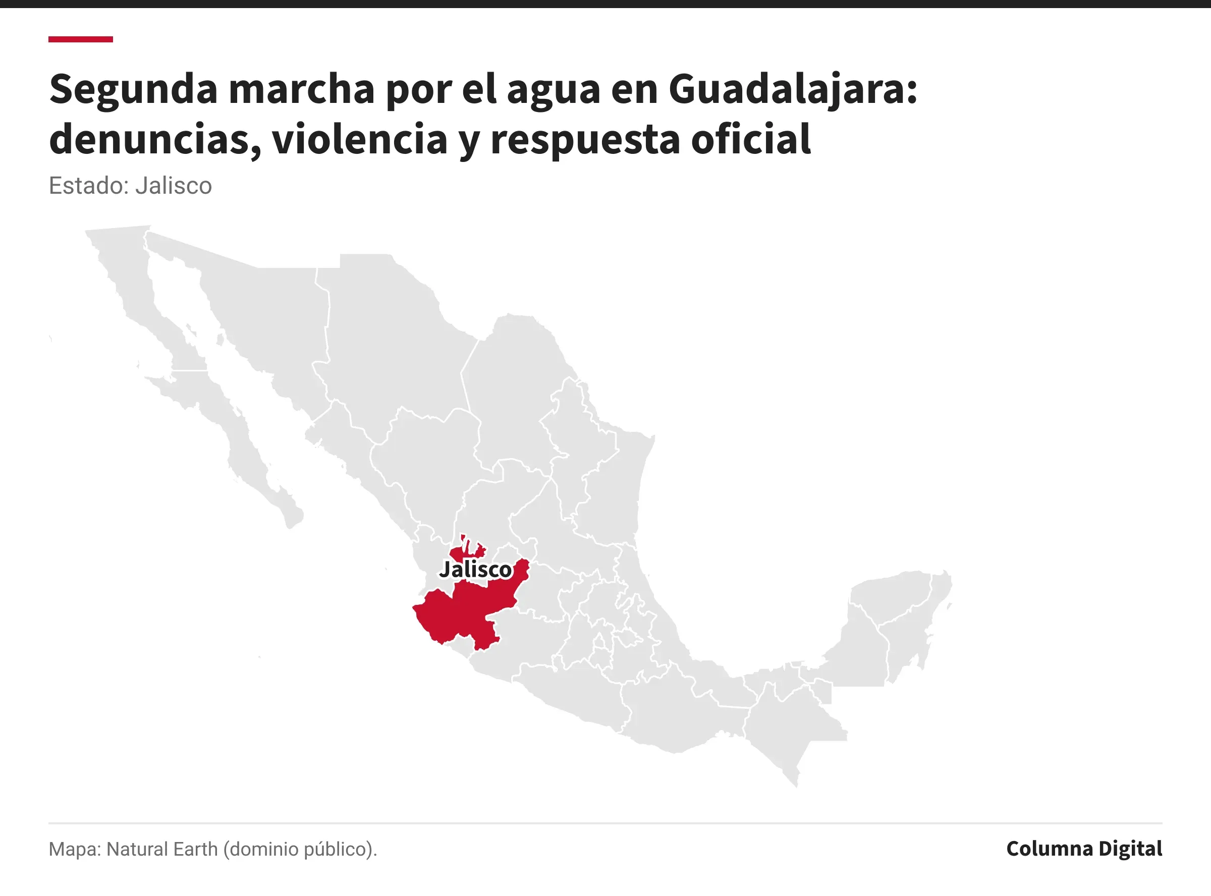 Mapa de México con Jalisco resaltado.