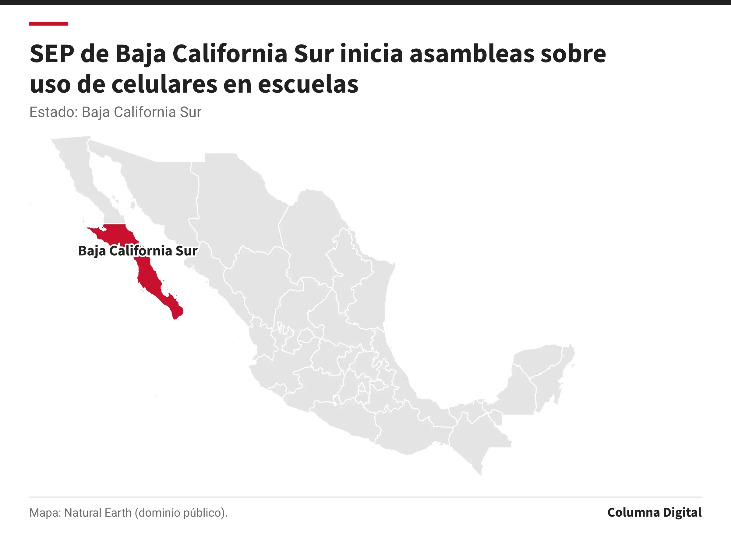 Mapa de México con Baja California Sur resaltado.