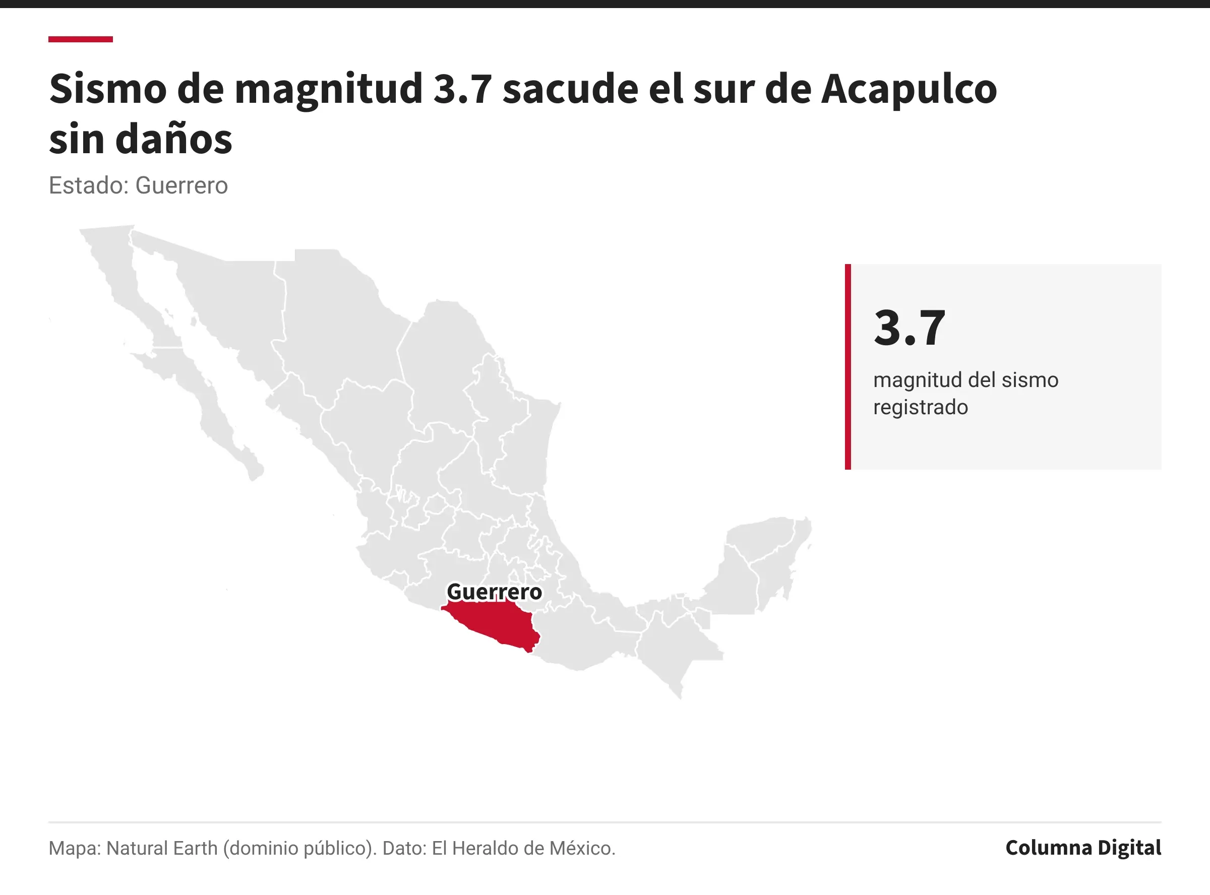 Mapa de México con Guerrero resaltado; 3.7: magnitud del sismo registrado.