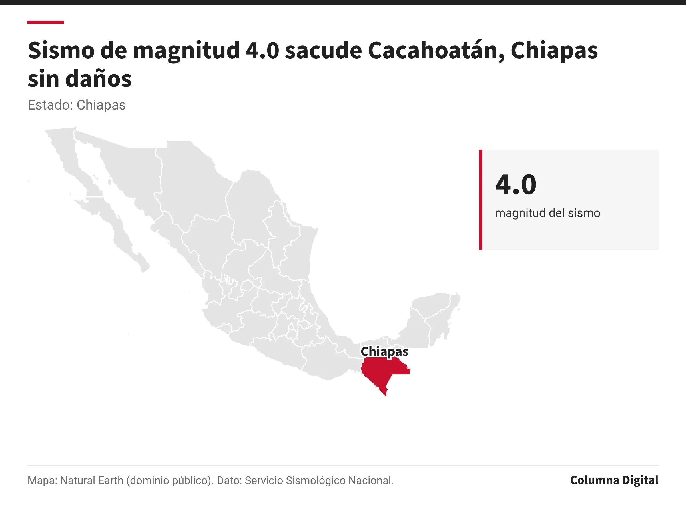 Mapa de México con Chiapas resaltado; 4.0: magnitud del sismo.