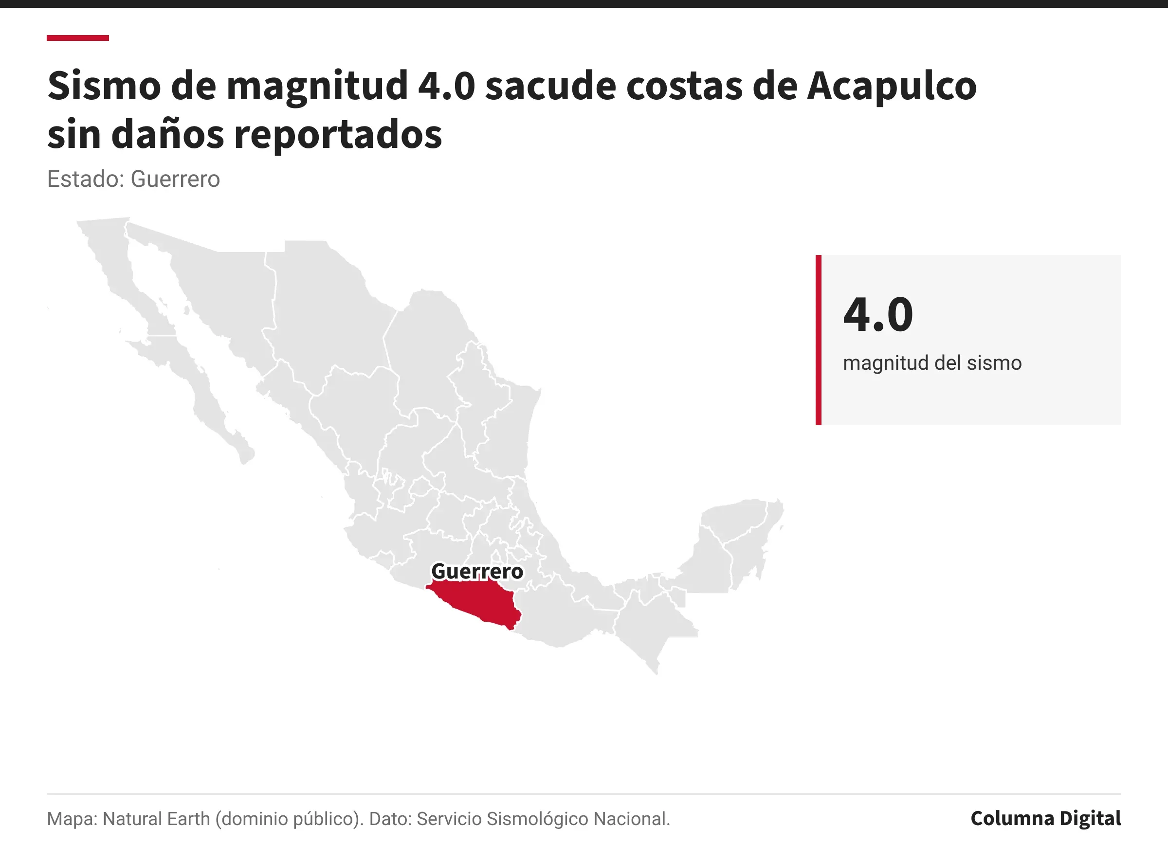 Mapa de México con Guerrero resaltado; 4.0: magnitud del sismo.