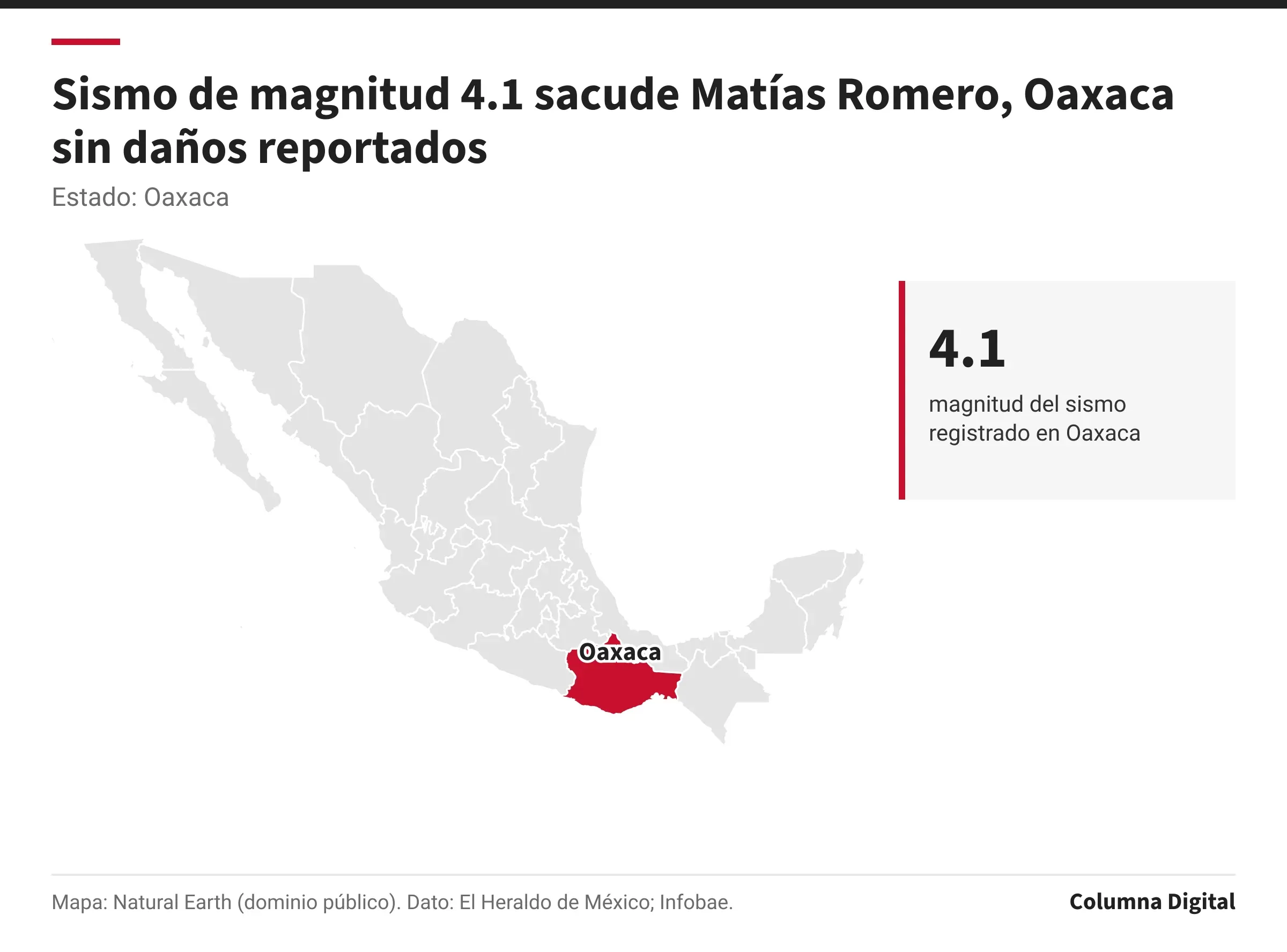 Mapa de México con Oaxaca resaltado; 4.1: magnitud del sismo registrado en Oaxaca.