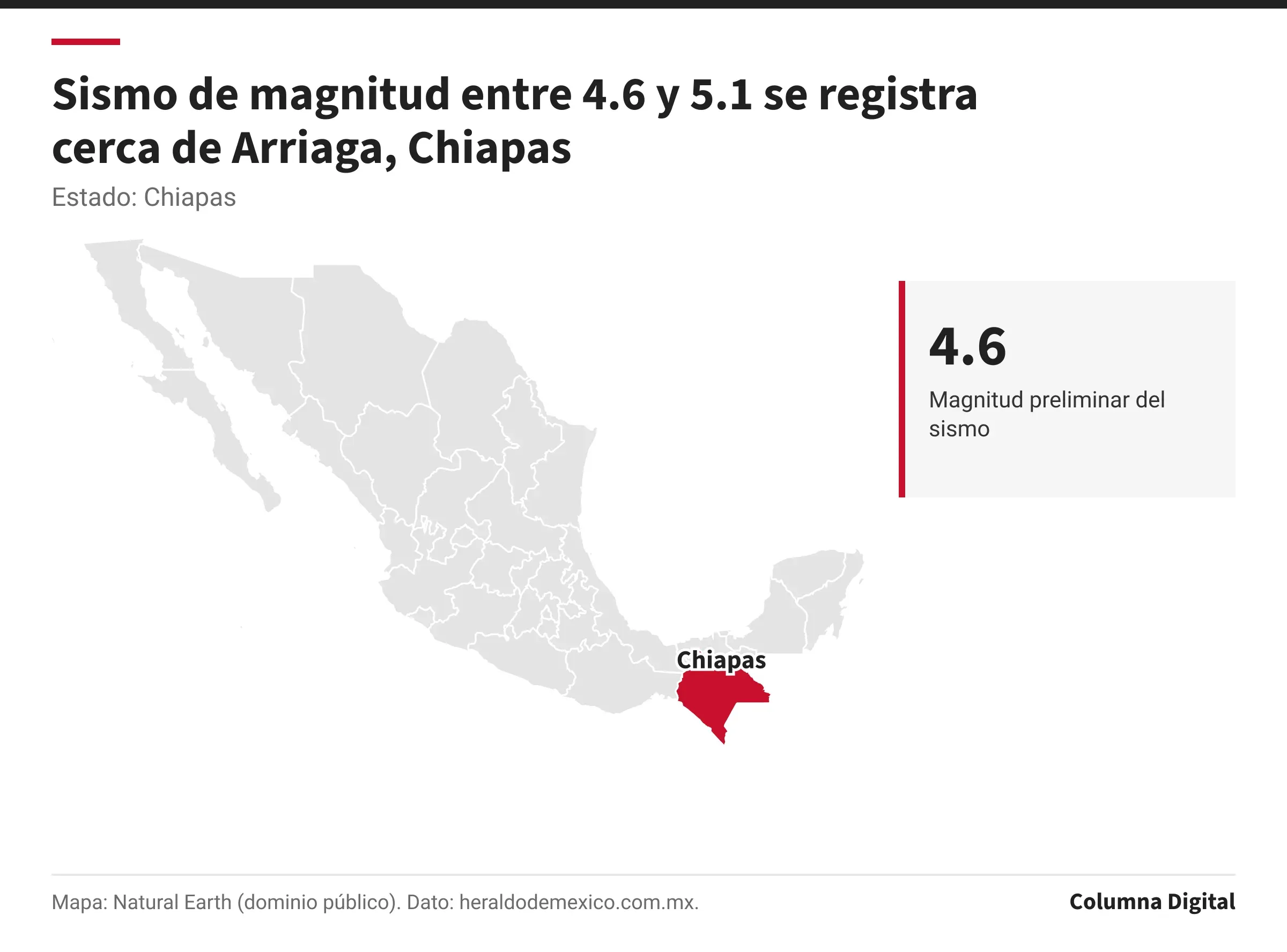 Mapa de México con Chiapas resaltado; 4.6: Magnitud preliminar del sismo.