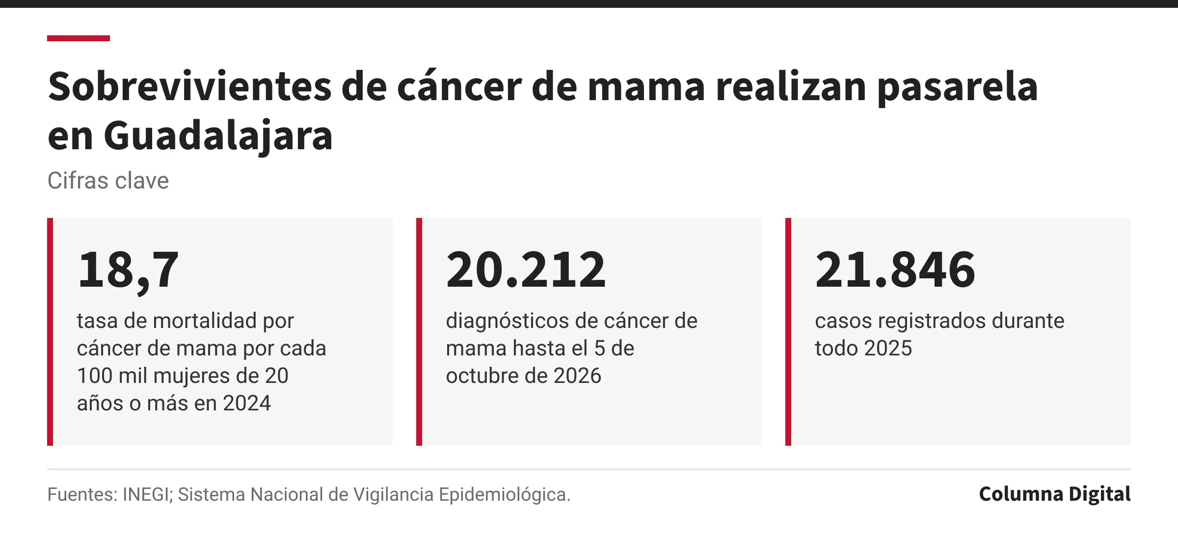 Cifras clave: 18,7, tasa de mortalidad por cáncer de mama por cada 100 mil mujeres de 20 años o más en 2024; 20.212, diagnósticos de cáncer de mama hasta el 5 de octubre de 2026; 21.846, casos registrados durante todo 2025.