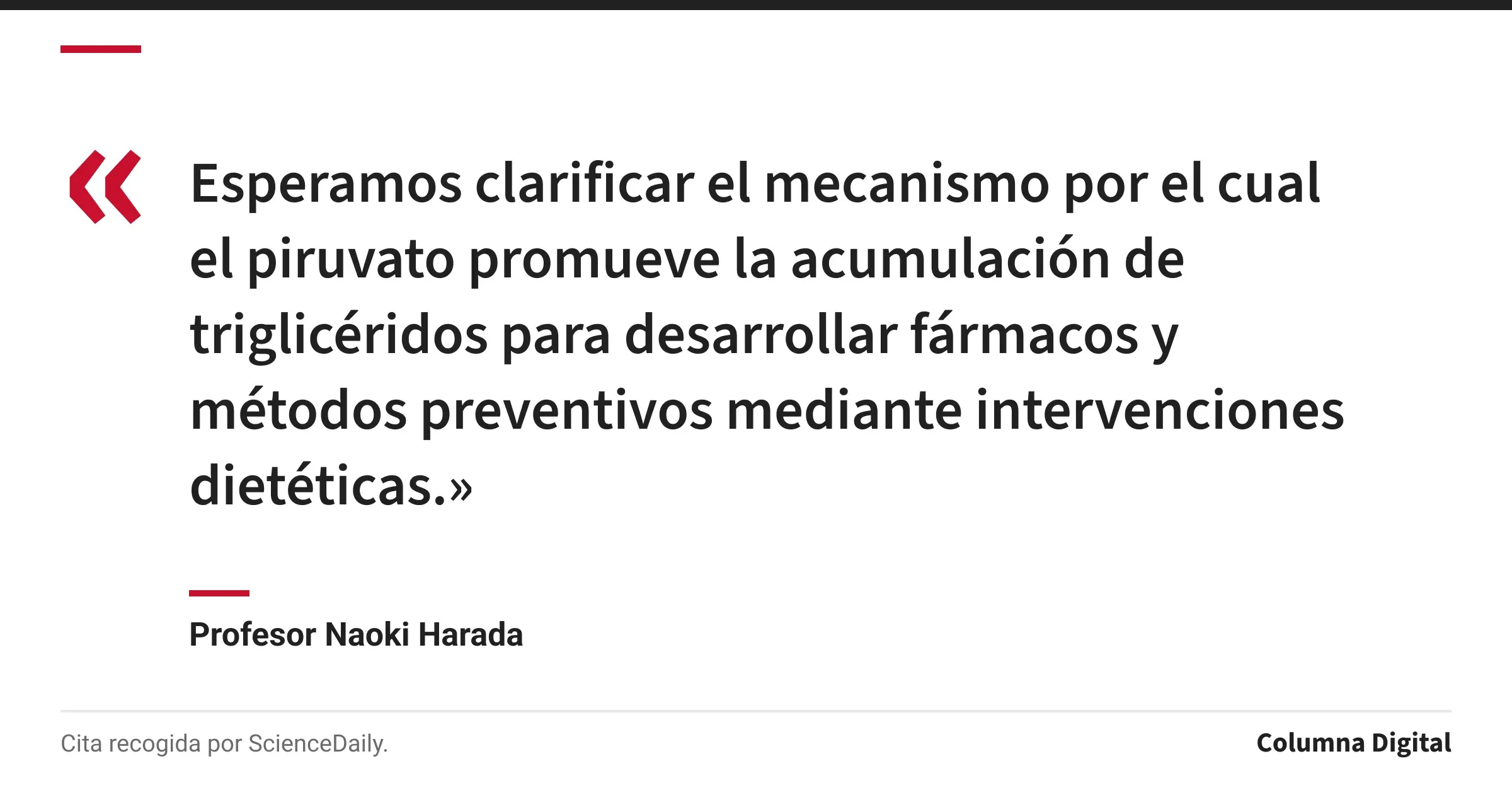 Cita de Profesor Naoki Harada: «Esperamos clarificar el mecanismo por el cual el piruvato promueve la acumulación de triglicéridos para desarrollar fármacos y métodos preventivos mediante intervenciones dietéticas.»