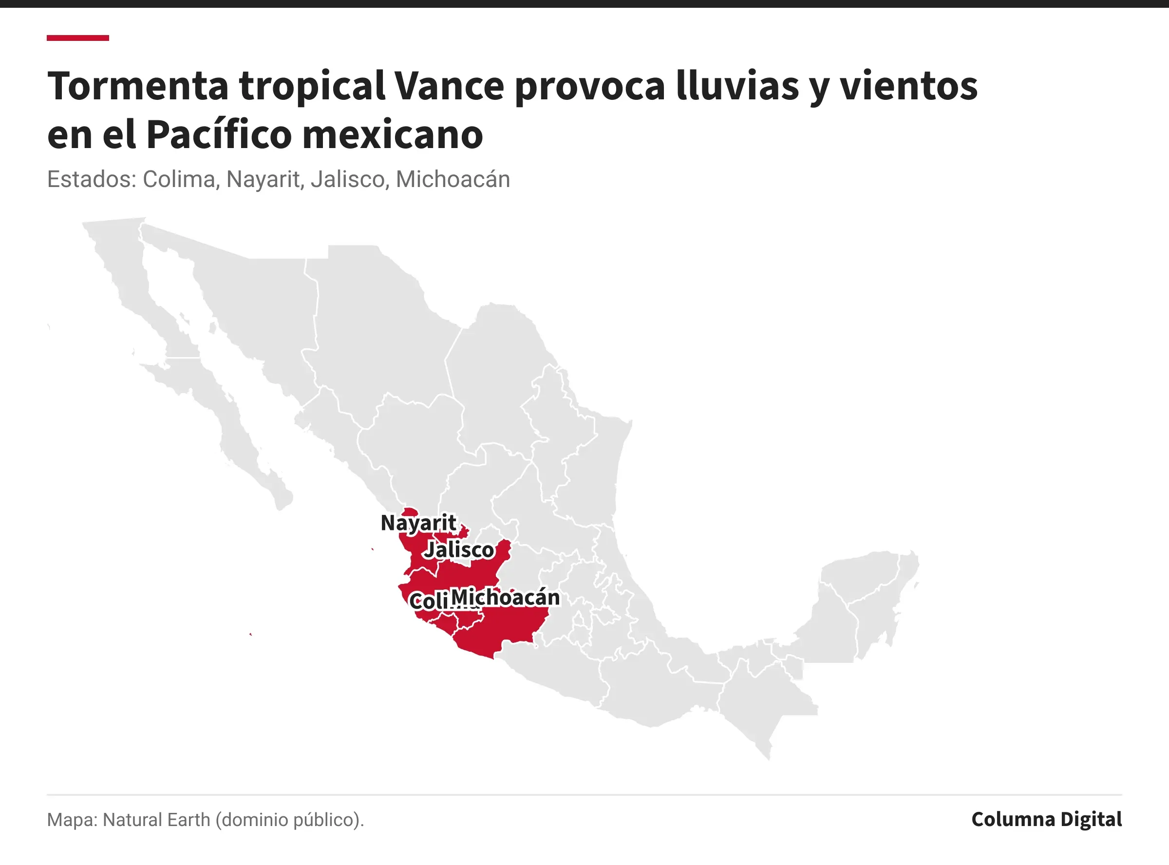 Mapa de México con Colima, Nayarit, Jalisco, Michoacán resaltados.