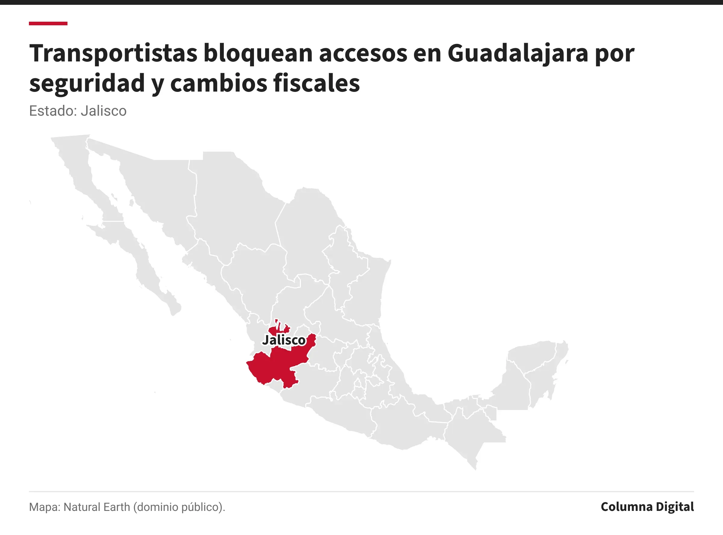 Mapa de México con Jalisco resaltado.