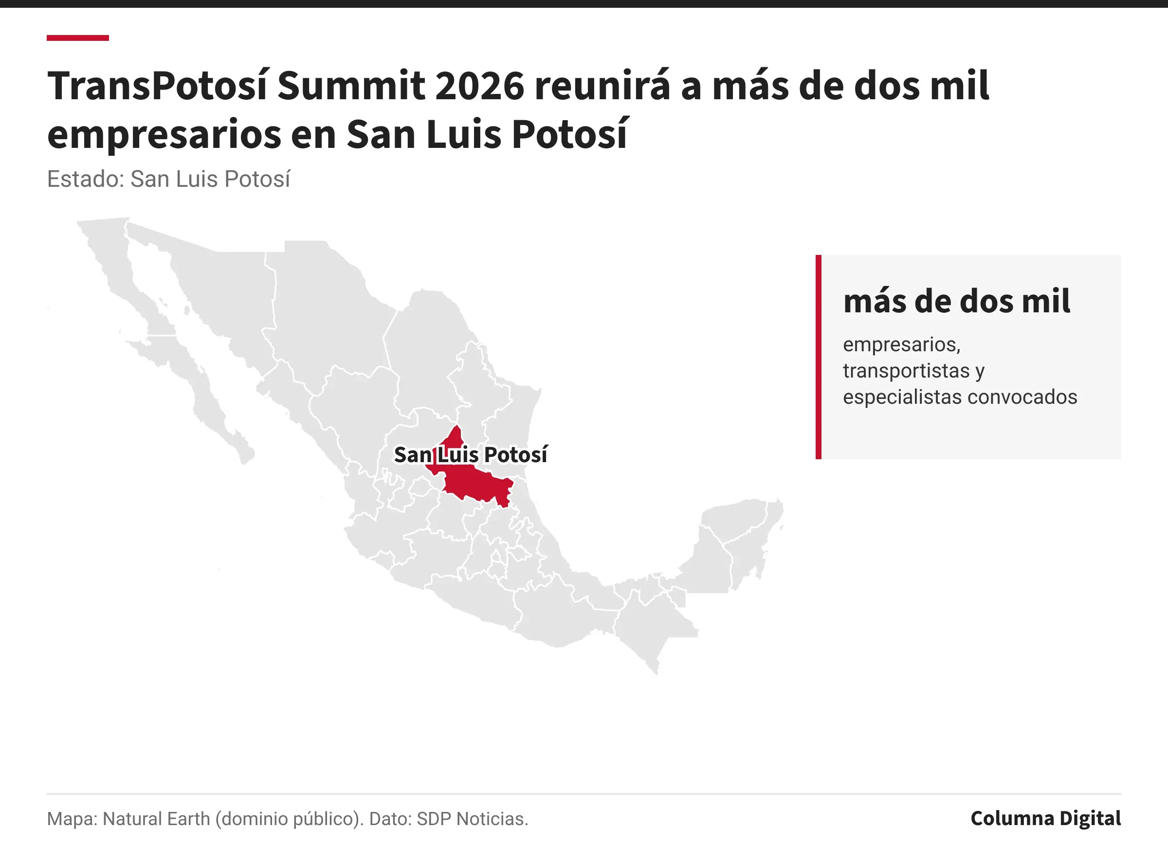 Mapa de México con San Luis Potosí resaltado; más de dos mil: empresarios, transportistas y especialistas convocados.