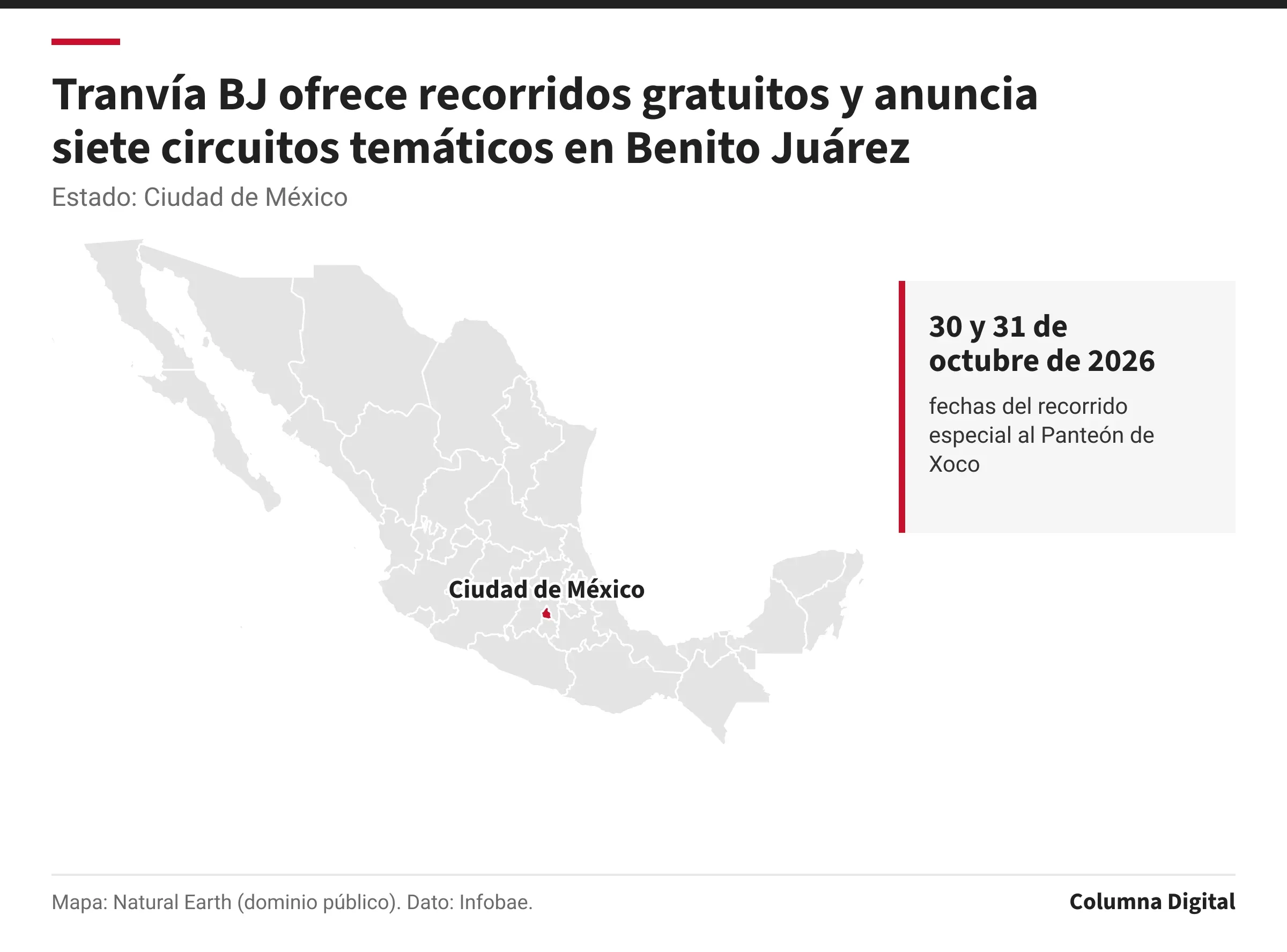 Mapa de México con Ciudad de México resaltado; 30 y 31 de octubre de 2026: fechas del recorrido especial al Panteón de Xoco.