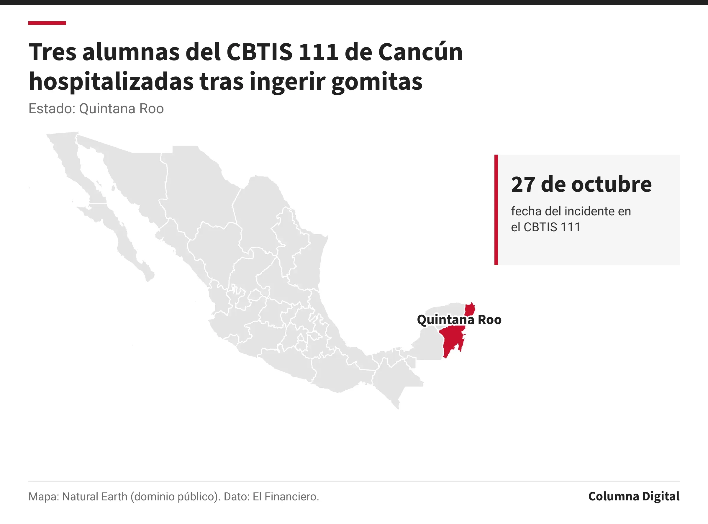 Mapa de México con Quintana Roo resaltado; 27 de octubre: fecha del incidente en el CBTIS 111.