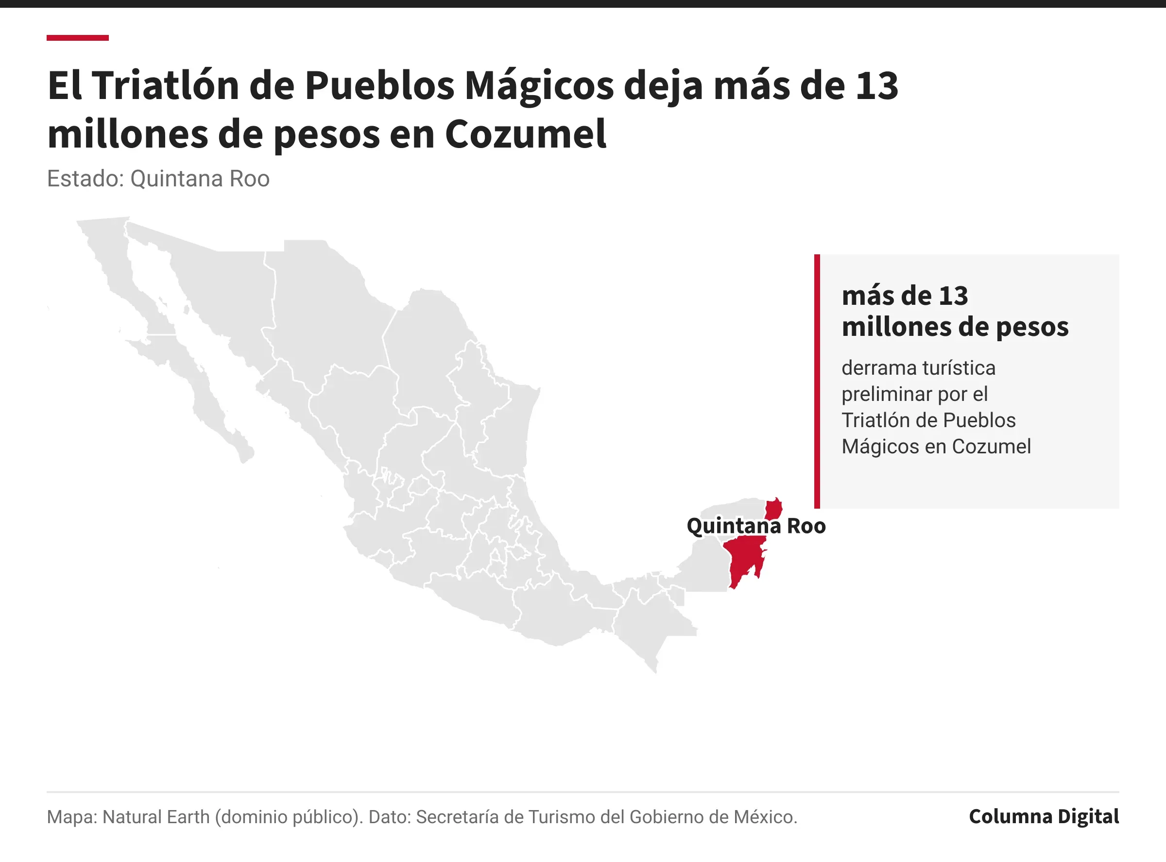 Mapa de México con Quintana Roo resaltado; más de 13 millones de pesos: derrama turística preliminar por el Triatlón de Pueblos Mágicos en Cozumel.