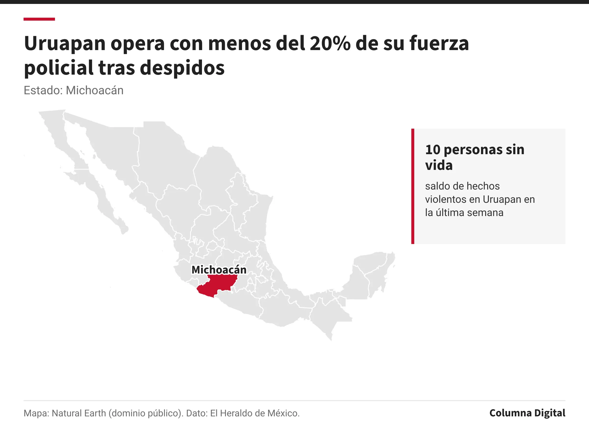 Mapa de México con Michoacán resaltado; 10 personas sin vida: saldo de hechos violentos en Uruapan en la última semana.