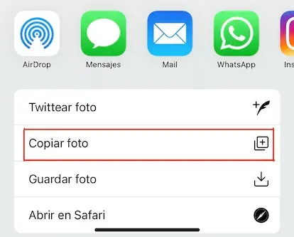 Opción de copiar una foto para posteriormente pegarla en otra aplicación.