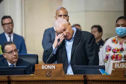 Los Angeles City Councilman Mike Bonin sheds tears as he speaks about the racist comments directed towards his son during the council's meeting on Tuesday, Oct. 11, 2022. Nury Martinez stepped down as