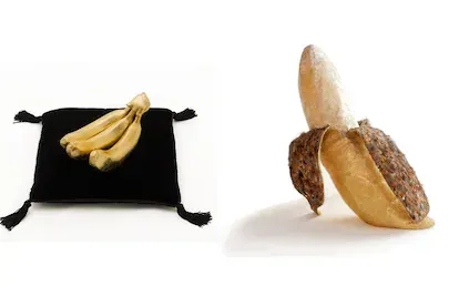 A la Izquierda: 'Chiquita', 2013 de María José Argenzio. Derecha: 'El Banano emplumado', 1973 de Victoria Cabezas (Cortesía del Museo de Arte y Diseño de San José).