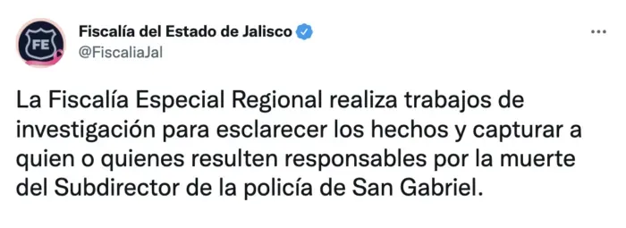Asesinan al subdirector de Seguridad Pública de San Gabriel, Jalisco