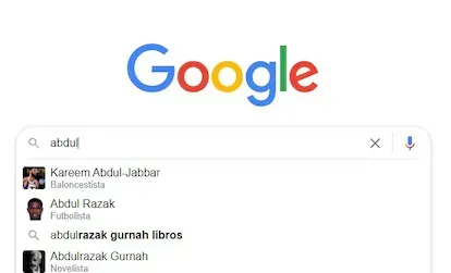 Captura de pantalla de los resultados que arroja Google al escribir 'abdul', las primeras cinco letras del nombre del premio Nobel de Literatura 2021.