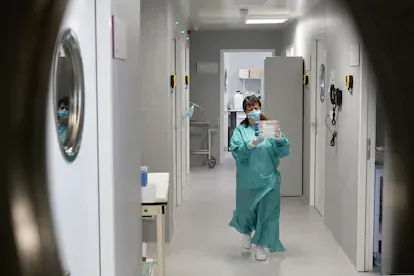 Centro Nacional de Microbiología, Instituto de Salud Carlos III, en Majadahonda (Madrid). Una técnica del centro lleva frascos de cultivo. Ese medio rosa es el alimento para las células que crecen, se