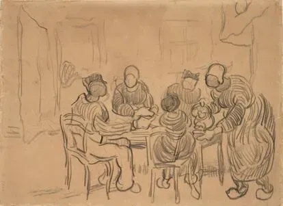 Dibujo de interior con cinco figuras a la mesa, Saint-Rémy, 1890.