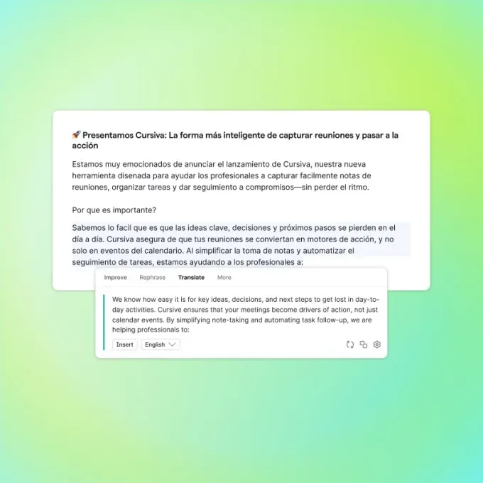 Interfaz de Grammarly mostrando soporte de traducción in-line del español al inglés