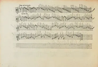 Parte de Altus del tercer 'Agnus Dei' de la 'Missa l'homme armé Sexti toni', con la indicación 'Fuga ad minimam' en la pionera edición de las 'Misse Josquin' de Ottaviano Petrucci (Venecia, 1502).