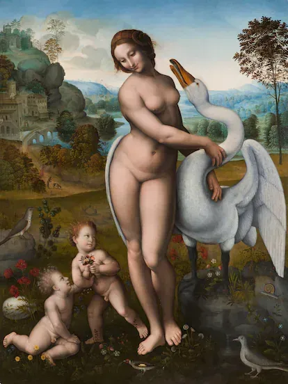 'Leda con el cisne', temple sobre tabla realizado a partir de Leonardo da Vinci (1510-20).