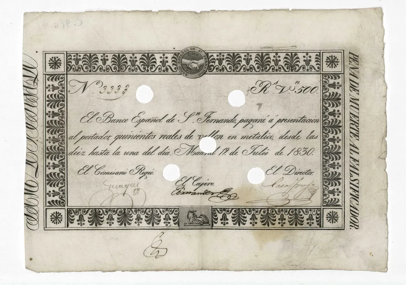 Billete del Banco de San Fernando, de 1830, con el lema a la derecha "Pena de muerte al falsificador".