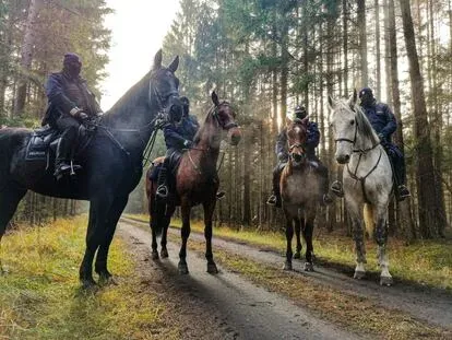 Policía montada junto a la localidad polaca de Kuznica, en la frontera con Bielorrusia.