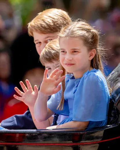 02-06-2022 England Prince George of Cambridge and Britain Princess Charlotte of Cambridge and Prince Louis leave Buckingham Palace for the Trooping the Colour ceremony at Horse Guards Parade, central