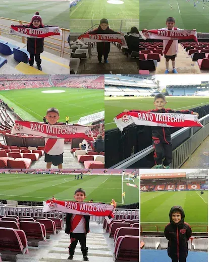 Manu Rodríguez tiene nueve años, vive en Fene (un pequeño municipio coruñés) y sigue con fervor las victorias y las derrotas del Rayo Vallecano. En la imagen, Manu animando en diferentes partidos del 