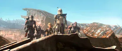De izquierda a derecha, los personajes de Echo, Wrecker, Omega, Capitán Rex y Hunter en una secuencia de 'Star Wars: La remesa mala'.
