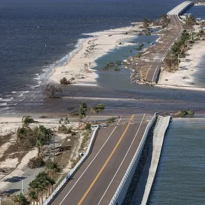An aerial view of a partially collapsed Sanibel Causeway after Hurricane Ian caused widespread destruction, in Sanibel Island, Florida, U.S., September 29, 2022. REUTERS/Shannon Stapleton