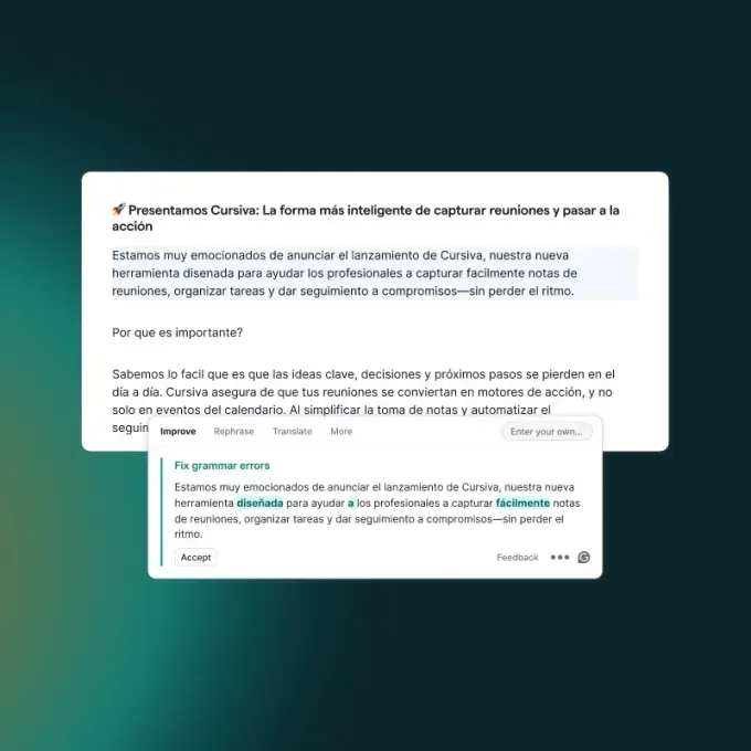 Interfaz de Grammarly mostrando sugerencias de escritura en español