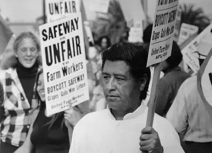 (Original Caption) Farm labor leader Cesar Chavez pickets here outside San Diego area headquarters of Safeway markets. Picketing was in protest over the arrest of 29 persons at a Delano, California Sa