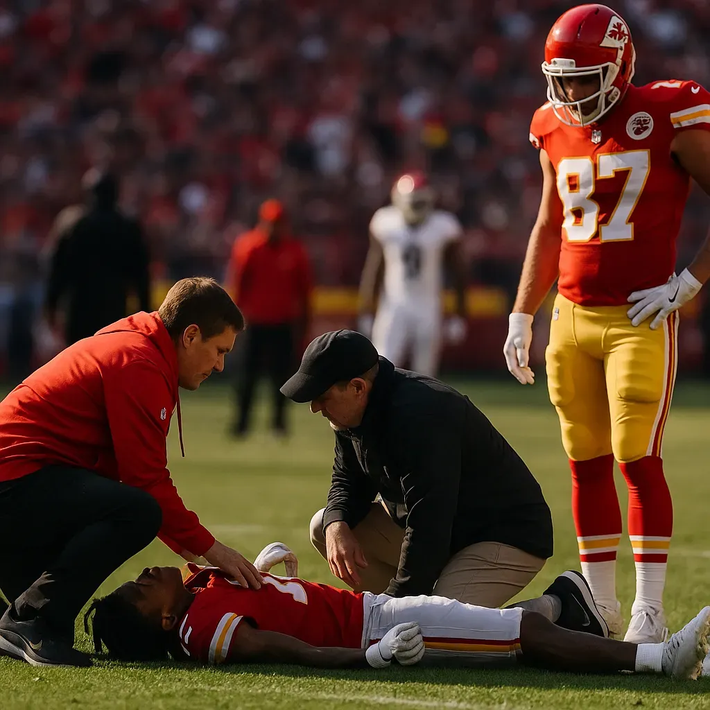 Xavier Worthy se lesiona tras topar con Travis Kelce.