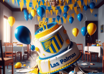 Los jugadores de Las Palmas celebran el primer gol ante el abatimiento de Lewandowski.