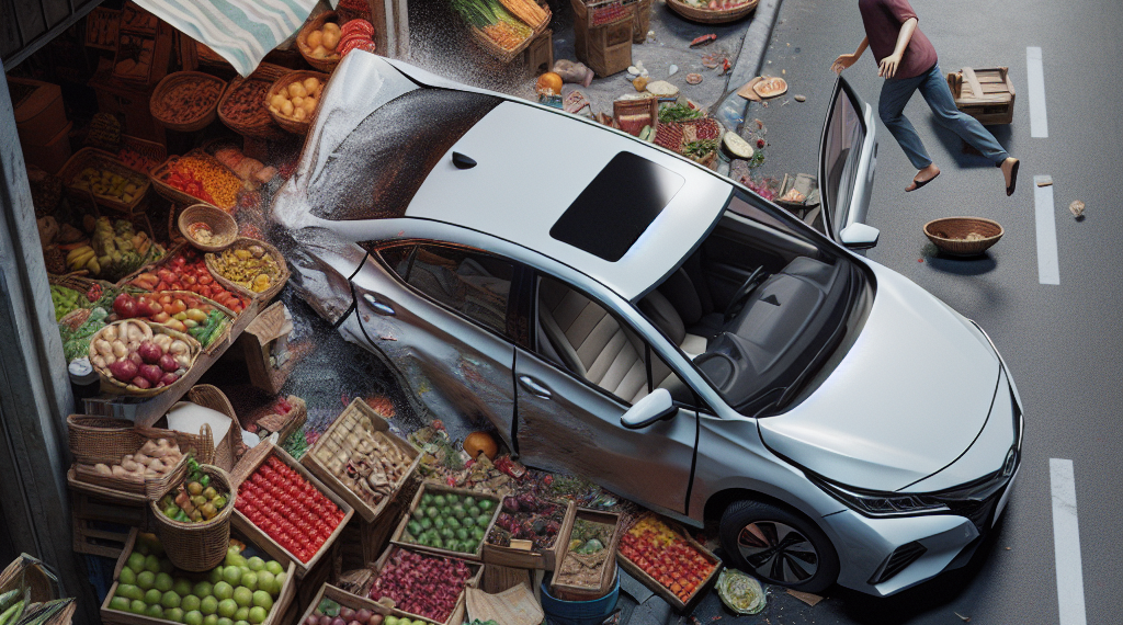 Joven choca su Mercedes Benz contra puestos de comida