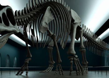 Este esqueleto de dinosaurio es gigante, tiene 70 millones de años y su cráneo está conectado hasta la cola