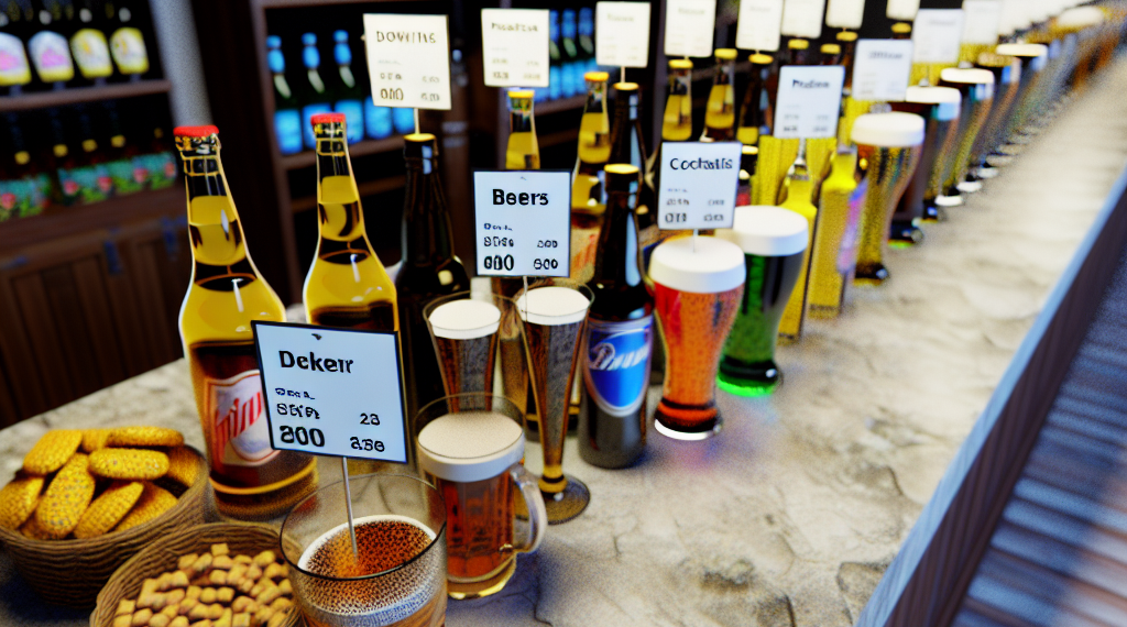Precios de las bebidas, cervezas, cocteles, botanas y comida