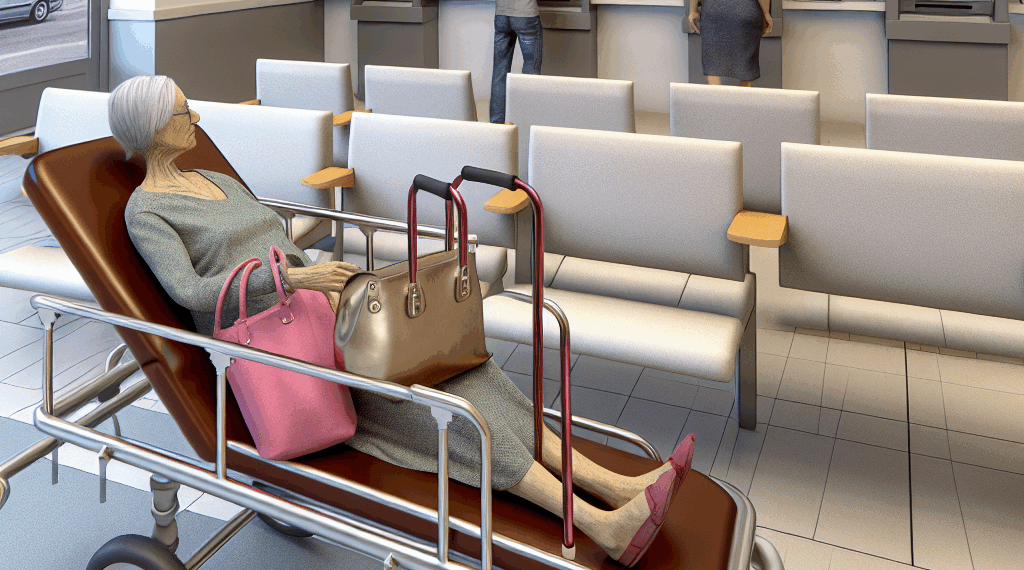 Abuelita va al banco en camilla para realizar un trámite