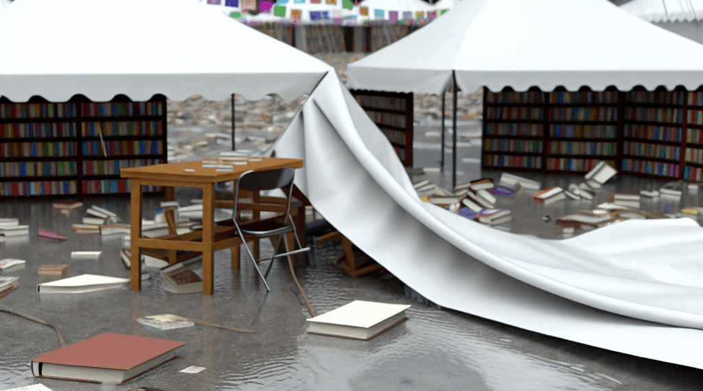 Ráfagas de viento y lluvia provocan caída parcial de estructura durante Feria del Libro en Nezahualcóyotl
