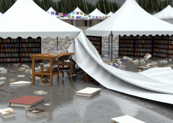 Ráfagas de viento y lluvia provocan caída parcial de estructura durante Feria del Libro en Nezahualcóyotl
